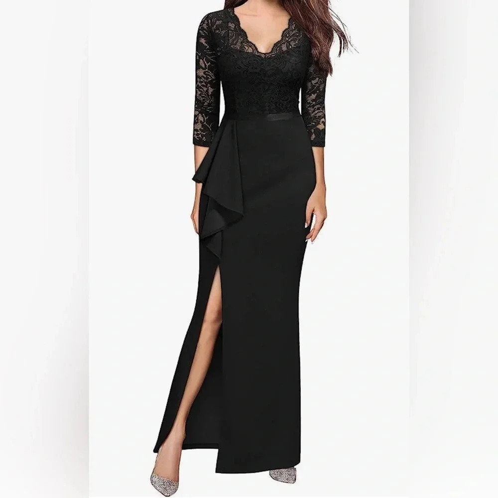 MISSMY Black V Neckline Maxi Fishtail Large 3/4th Sleeves Wedding Prom Gown